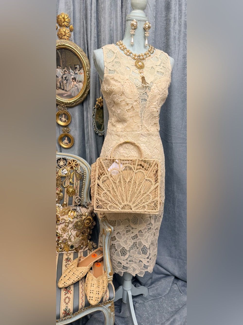 Champagne Lace Romance Dress with complementary jewelry